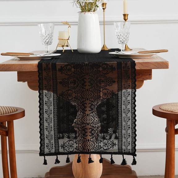 Nvzi black lace short tassel tablecloth 1286.61 inches, Christmas party country bohemian style table flag, holiday table decoration table flag, wedding/Christmas table cloth -1 piece, style B