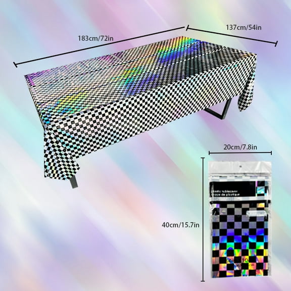 Nvzi black and white checkered laser tablecloth 4-piece set, 54 72 inch shiny plastic rainbow tablecloth, film tablecloth, used for birthday party decoration and anniversary celebrations
