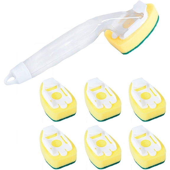 Nvzi-c 1 Handle and 7 Refill Replacement Sponge Heads, Heavy Duty Dish Wand Refill Non-Scratch Sink Cleaning Brush Pads