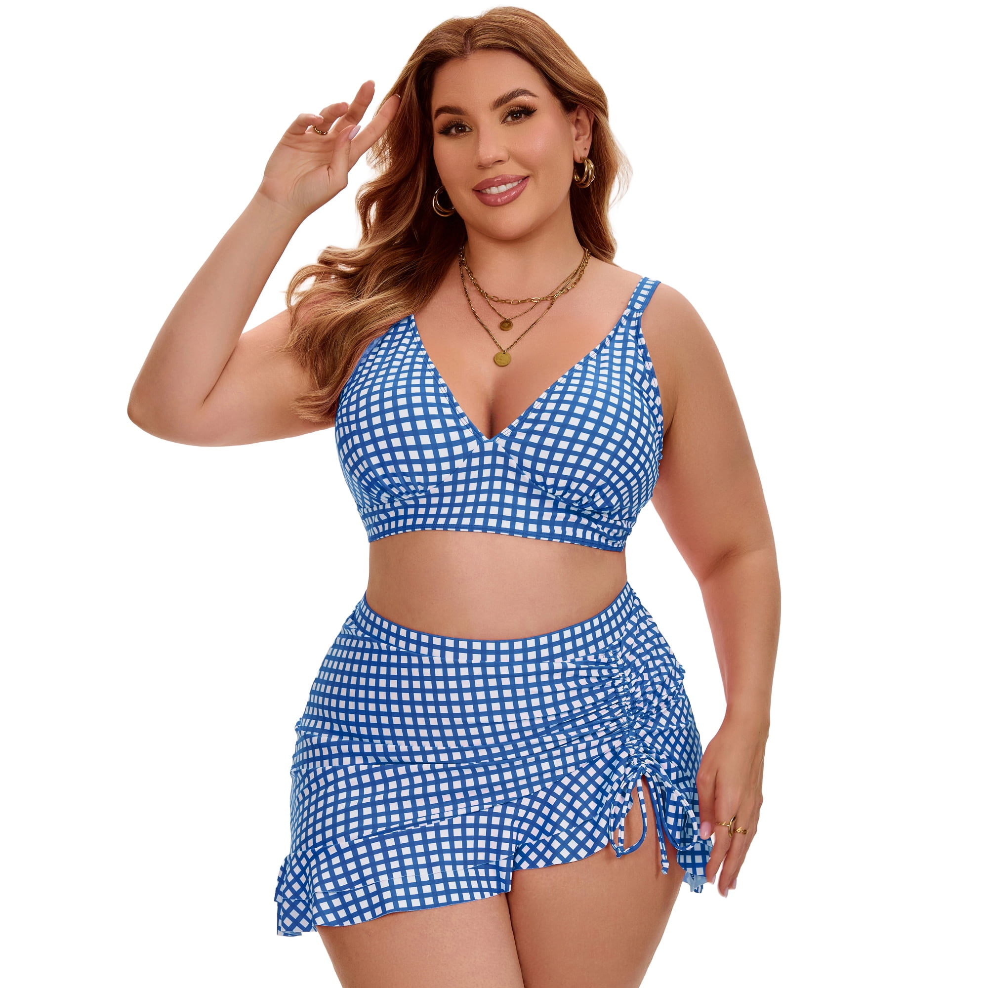 DARING DIVA Women's Plus with Retro Gingham High Waisted Bikini 4X Blue