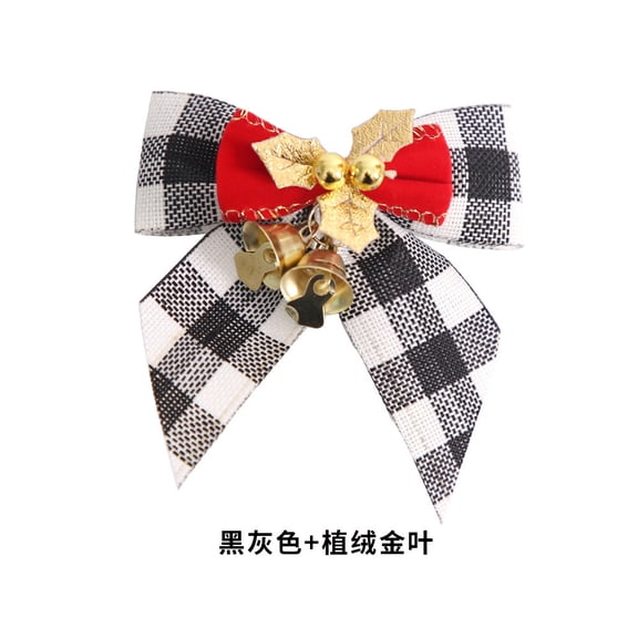 Nvzi-c 20 Pieces Christmas Mini Bows for Crafts Christmas Bows for Present Christmas Tiny Bows with Bells Ornament Present Bow Christmas Tree Hanging Decor，Black gray+Fleece Golden Leaves