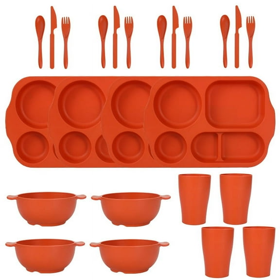 Nvzi-c 24Pcs Wheat Straw Dinnerware Cutlery Sets, Divided Plates Unbreakable Bowl Microwave Dishwasher Safe Tableware Cutlery -Orange