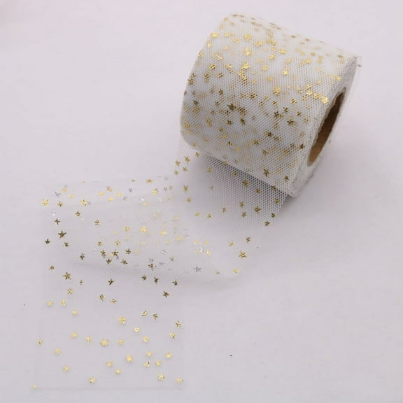 Nvzi-c 25 Yards Hot Stamping Moon Stars Fabric Tulle Roll Ribbon 6cm Wide for Decoration Christmas Gift Packing Craft Ribbon for Gift Wrappping Decoration-White
