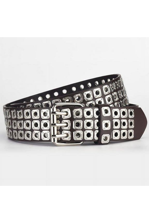 -c 3 Row Studded Belts Punk Hip Hop Personalized Faux Leather Belts For Jeans Pants Brown