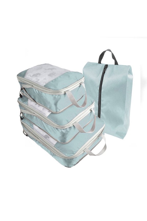 -c 4 Piece Compression Packing Cube Set, Travel Storage Bag Portable Luggage Storage Box Set Expandable Packing Mesh Bag for Clothing Underwear Shoes (Light Blue)