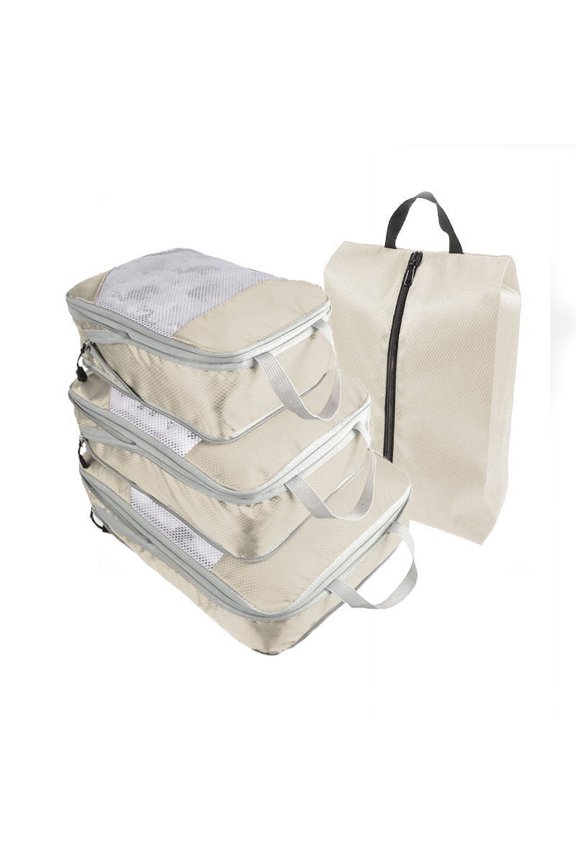 -c 4 Piece Compression Packing Cube Set, Travel Storage Bag Portable Luggage Storage Box Set Expandable Packing Mesh Bag for Clothing Underwear Shoes (Beige)