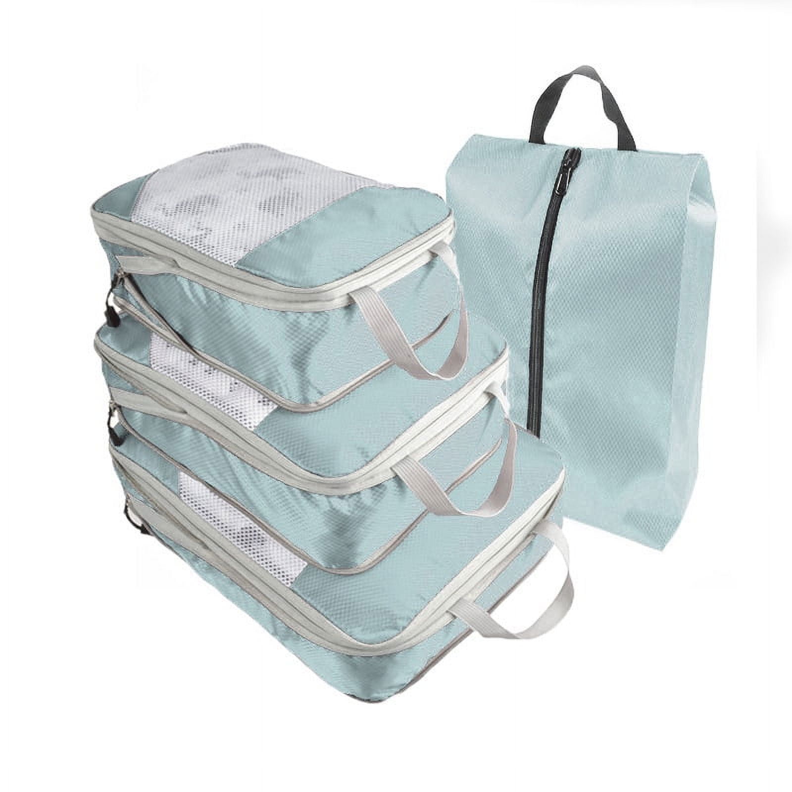 Nvzi-c 4 Piece Compression Packing Cube Set, Travel Storage Bag Portable Luggage Storage Box Set Expandable Packing Mesh Bag for Clothing Underwear Shoes (Light Blue)