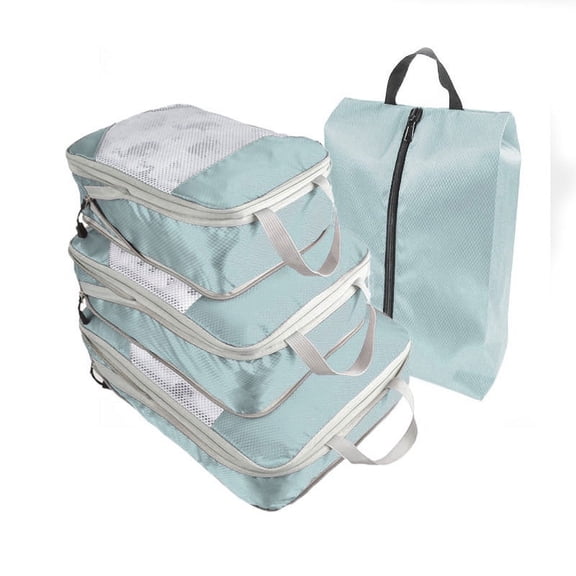 Nvzi-c 4 Piece Compression Packing Cube Set, Travel Storage Bag Portable Luggage Storage Box Set Expandable Packing Mesh Bag for Clothing Underwear Shoes (Light Blue)