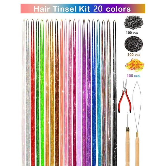 Nvzi-c 48 Inch Glitter Hair Tinsel Extensions Kit 20 Colors With Tools - Heat Resistant Fairy Hair Accessories for Women, Girls, Kids