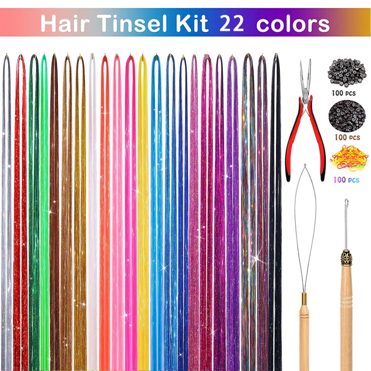Nvzi-c 48 Inch Glitter Hair Tinsel Extensions Kit ，22 Colors ，With Tools - Heat Resistant Fairy Hair Accessories for Women, Girls, Kids，