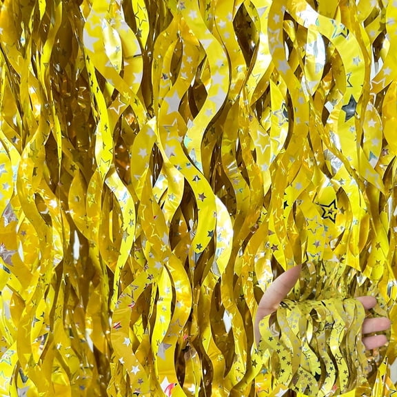 Nvzi-c 5 Pack Yellow Party Foil Curtain - 3.3 ft x 6.6 ft Wavy Photo Booth Backdrop Metallic Tinsel Foil Fringe Curtains Background for Birthday Wedding Party Christmas DecorationsStar style