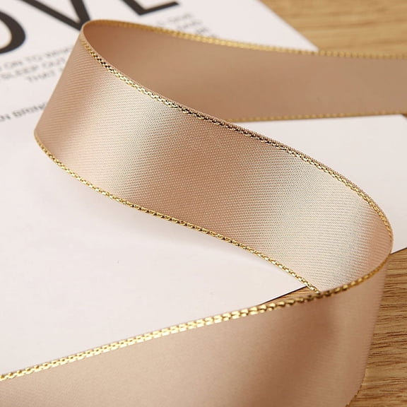 Nvzi-c 50 Yards Ribbon Polyester Satin Ribbon with Metallic Edge Gold Border Edge for Holiday Decoration Gift Packing Wrapping-A11