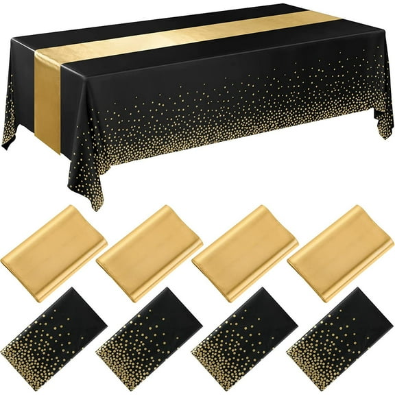 Nvzi-c 8pcs Disposable Plastic Tablecloths and Satin Table Runner Set for Wedding Birthday Baby Shower Anniversary Christmas New Year Party Decorations Black+Gold