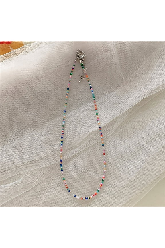 -c Boho Rainbow Seed Bead Choker Necklace Colorful Glass Bead Necklace Rice Bead Collar Necklace Handmade Necklace Beach Choker Chain Jewelry-Style C