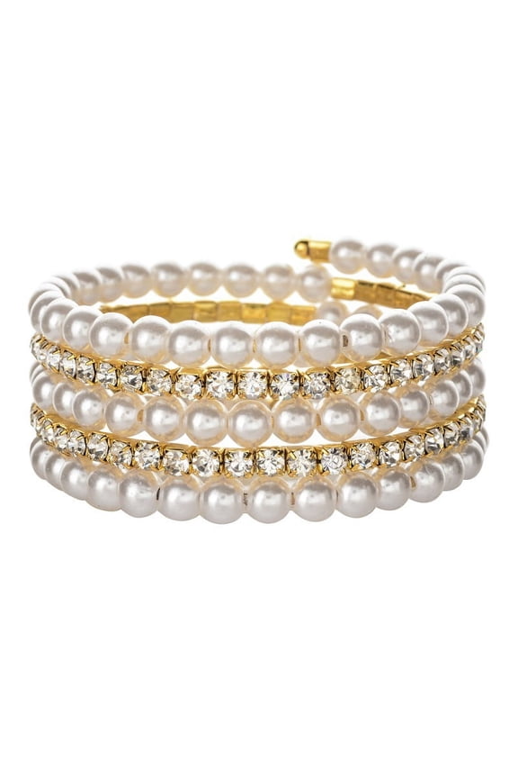 -c Imitation Pearl Bracelet for Women Multi Row Layered Crystal Rhinestone Stackable Wrap Open Cuff Bangle Bridal Wedding Jewelry-Gold