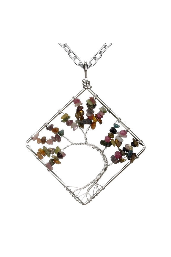 -c Life Tree Necklace Pendant, Men's and Women's Necklaces, Jewelry Pendant Handmade, Handwound Colorful Natural Stone Crystal Square Curved Life Tree Pendant Necklace (Multi color)
