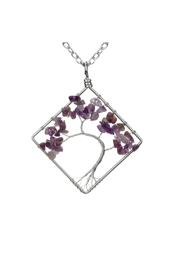 -c Life Tree Necklace Pendant, Men's and Women's Necklaces, Jewelry Pendant Handmade, Handwound Colorful Natural Stone Crystal Square Curved Life Tree Pendant Necklace (Purple)