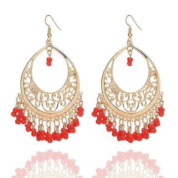 Nvzi-c Men's and Women's Suitable Earrings, Hollow Droplet Rice Bead Tassel Earrings (Red)