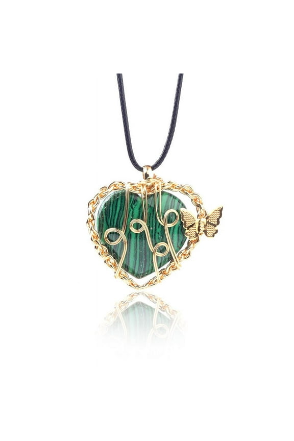 -c necklace pendant, handcrafted for men and women, with a butterfly life tree pendant wrapped in silk. Natural crystal stone heart-shaped necklace (dark green)