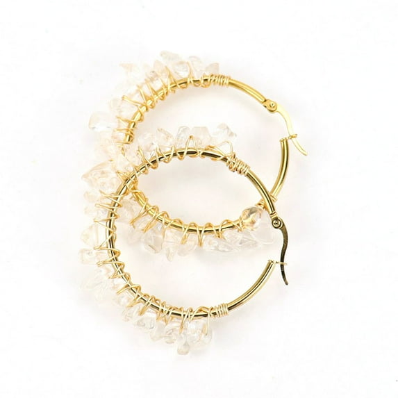 Nvzi-c Personalized Natural Stone Earrings, Gold Large Ring Earrings with Corded Natural Stone Crystal Earrings (White)