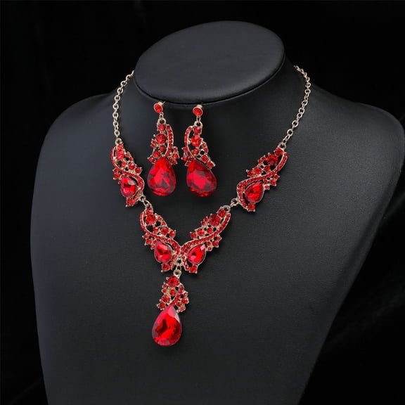 Nvzi-c Rhinestone Bridal Jewelry Sets for Women Crystal Necklace Earrings Jewelry Sets for Wedding Bridal Bridesmaid Gifts Evening Party Prom Jewelry Set-Red