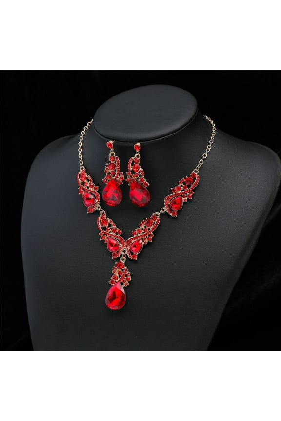 -c Rhinestone Bridal Jewelry Sets for Women Crystal Necklace Earrings Jewelry Sets for Wedding Bridal Bridesmaid Gifts Evening Party Prom Jewelry Set-Red