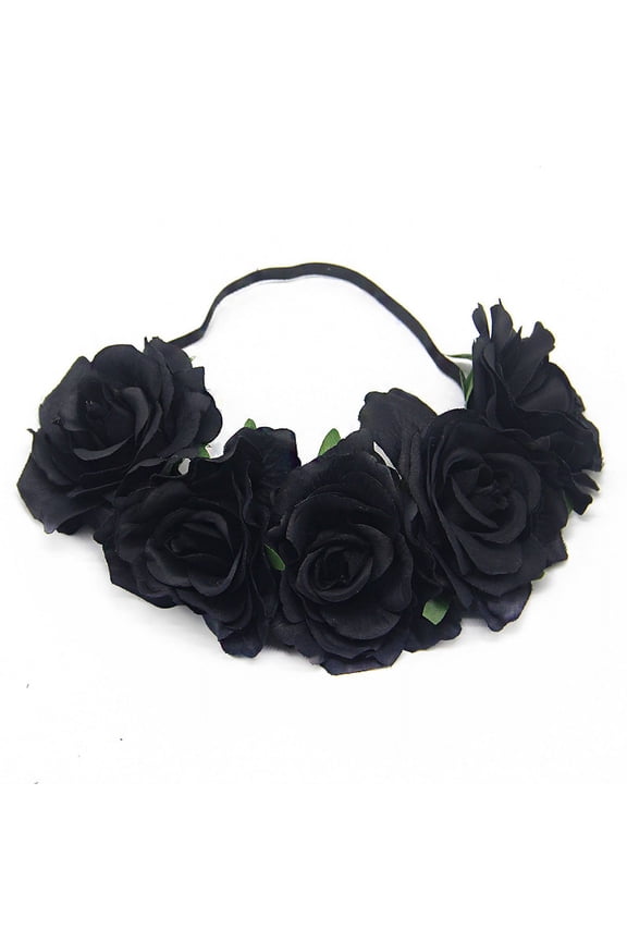 -c Rose Flower Crown Wedding Festival Headband Hair Garland Wedding Headpiece (Black)