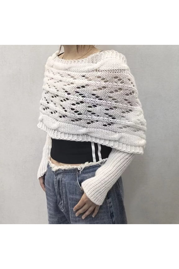 -c Scarf with Sleeves for Women, Knitted Cable Wrap, Multifunctional Knitted Crochet Cocoon Shrug with SleevesWhite