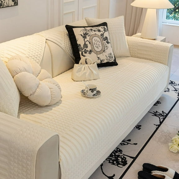 Nvzi-c Velvet Plush Non Slip Geometric Quilted Sectional Couch Covers for Kids, Pets-35.4*62.9inch,White