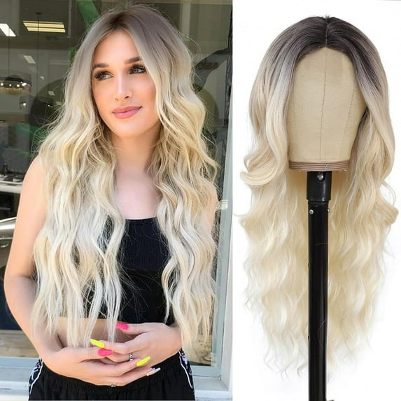 Nvzi-c Wavy Wig No Bangs Middle Parted Cosplay Hair for Daily Party(25.6in, Blonde A07)