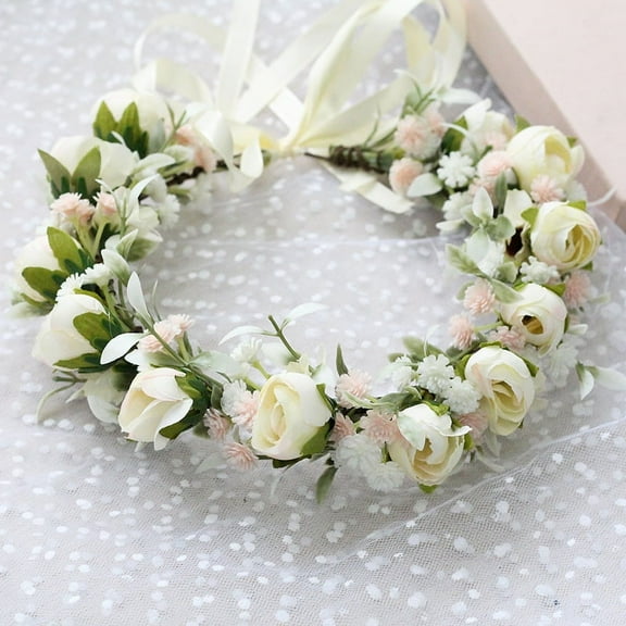 Nvzi-c Women Girls Adjustable Rose Flower Crown Floral Crown Garland Wedding Festival Party Headpiece-Beige