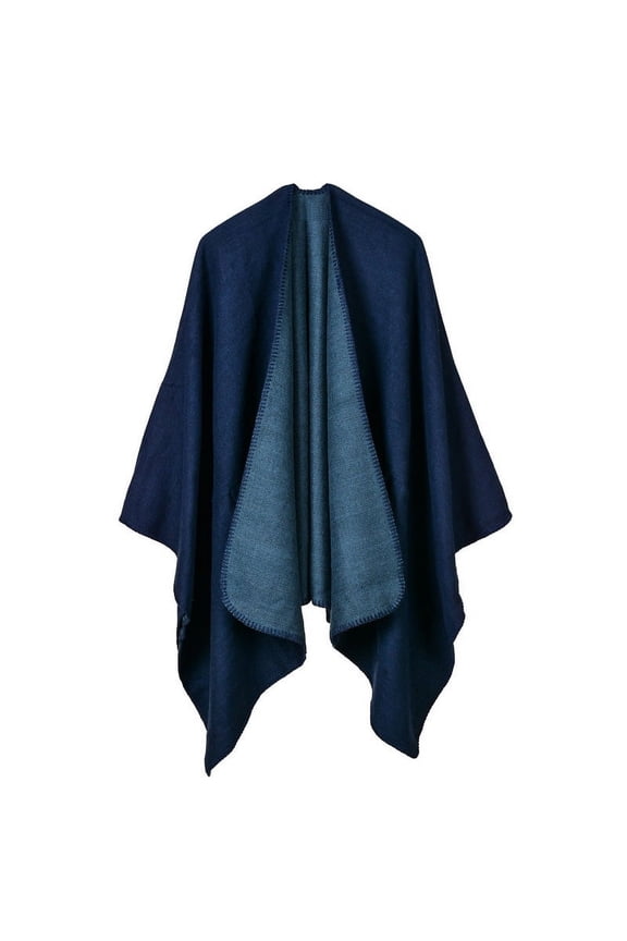 -c Women's Shawl Wraps Open Front Poncho Cape Oversized Sweaters Casual Cardigan Shawls for Fall WinterDouble Sided Navy Blue