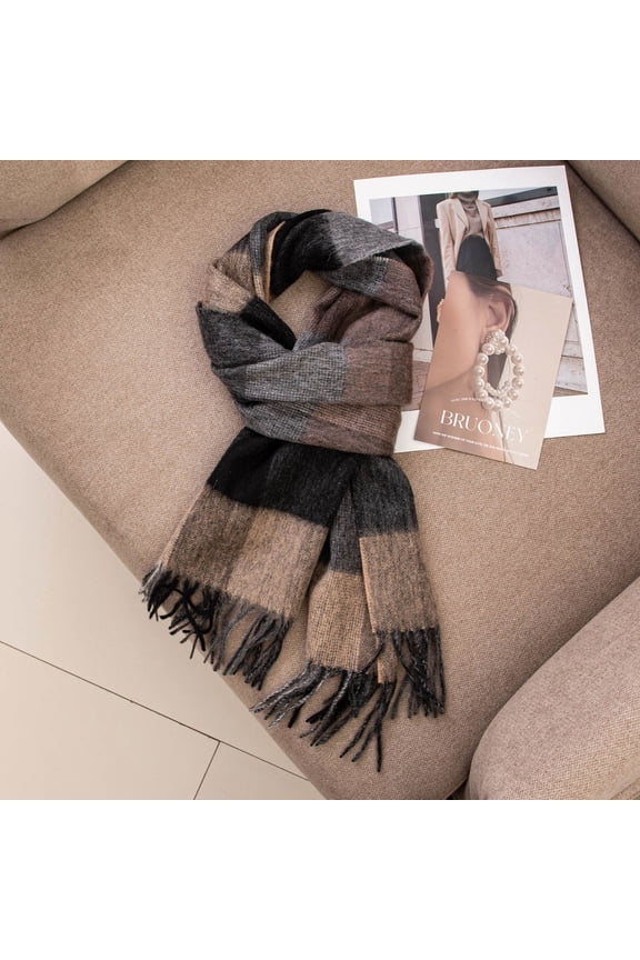 -c Womens Wool Scarf Plaid Winter Scarves Blanket for Women Tassel Warm Soft Large Long Shawl Scarves Chunky Lattice ScarfStyle E,Grey Black Camel Grid