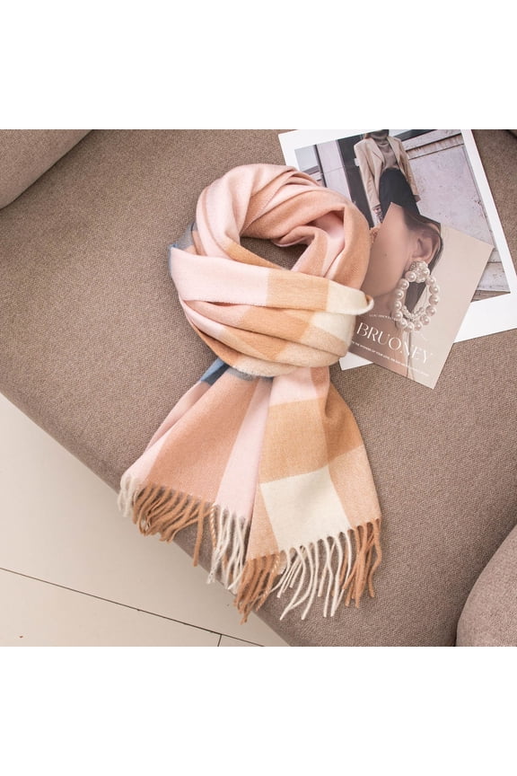 -c Womens Wool Scarf Plaid Winter Scarves Blanket for Women Tassel Warm Soft Large Long Shawl Scarves Chunky Lattice ScarfStyle E,Powder grid
