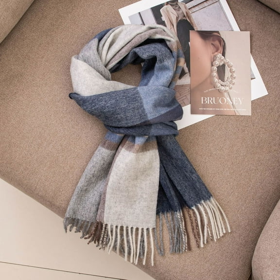 Nvzi-c Womens Wool Scarf Plaid Winter Scarves Blanket for Women Tassel Warm Soft Large Long Shawl Scarves Chunky Lattice Scarf，Style G,Grey Blue