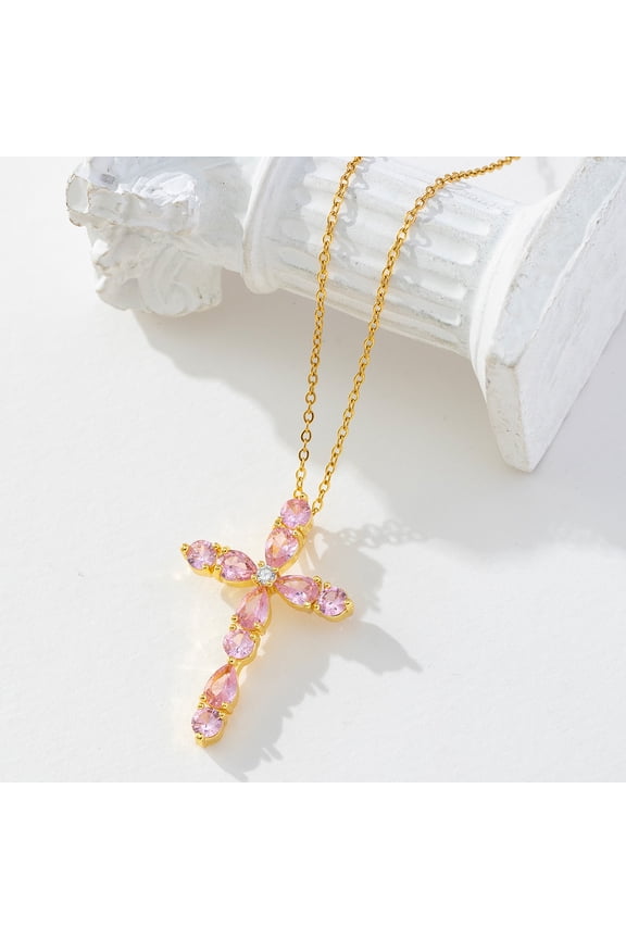 -c handmade necklace pendant, suitable for both men and women, droplet shaped colored zircon cross pendant necklace (pink)