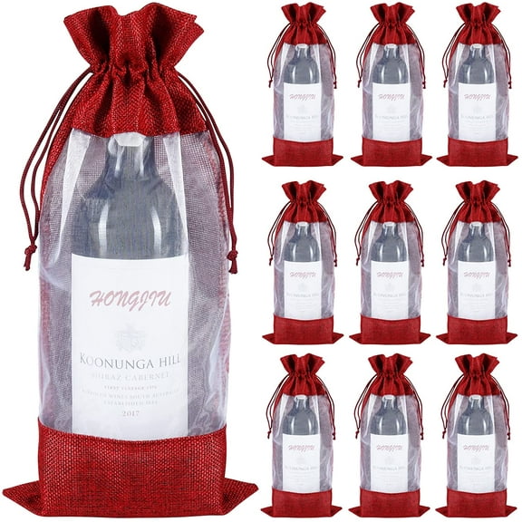 Nvzi-c jute wine bag, 10 twine wine bottle gift bag 750 ml, transparent window pull string wedding wine tasting gift bag 11.8*5.9 inches (red)