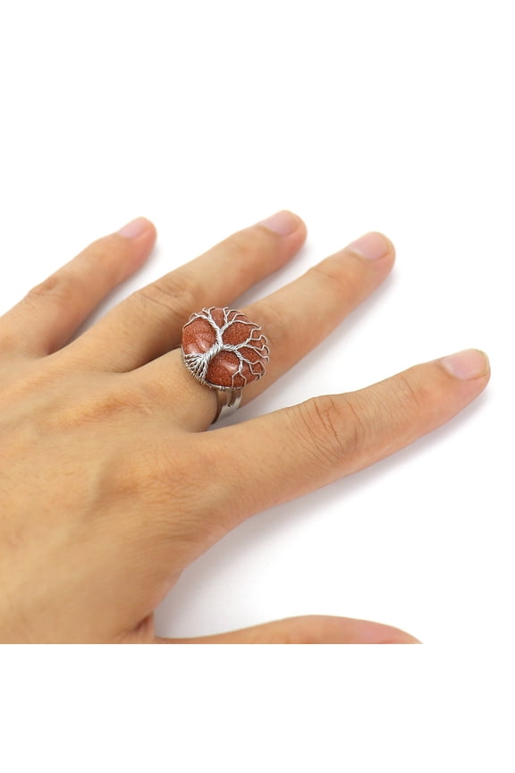 -c natural handmade ring, suitable for men and women to wear, handcrafted circular natural stone life tree ring with adjustable opening (gold)