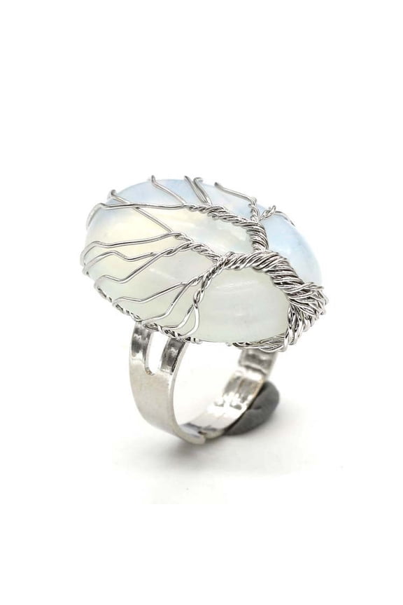 -c natural handmade ring, suitable for men and women to wear, hand wrapped oval natural stone life tree ring, adjustable opening ring (protein color)