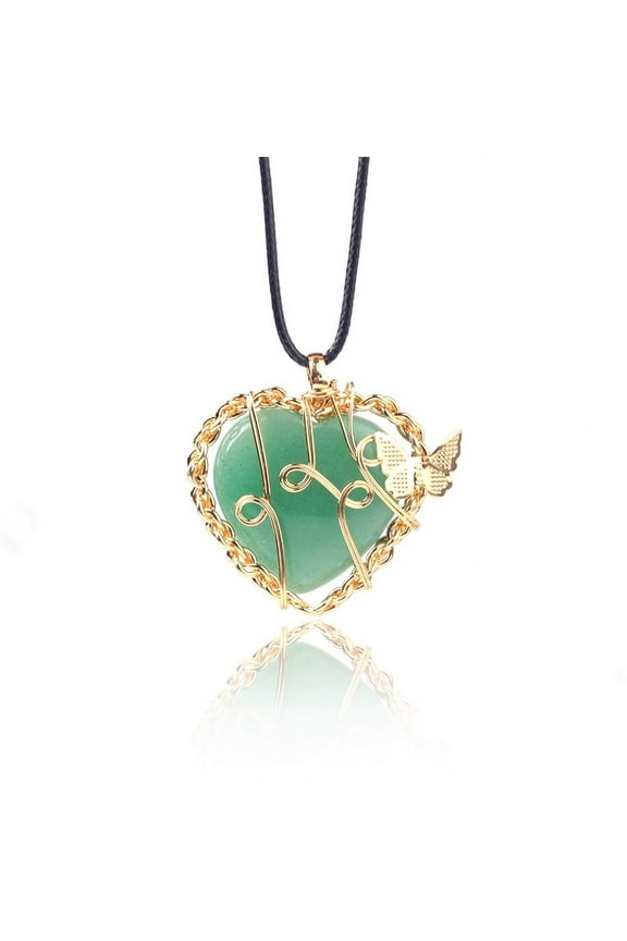 -c necklace pendant, handcrafted for men and women, with a butterfly life tree pendant wrapped in silk. Natural crystal stone heart-shaped necklace (green)