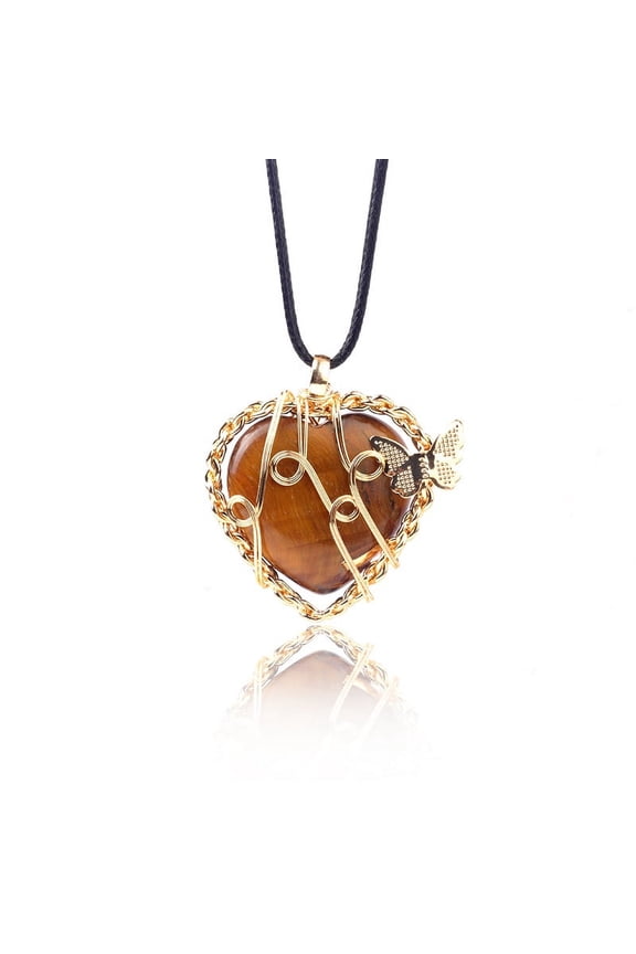 -c necklace pendant, handcrafted for men and women, with a butterfly life tree pendant wrapped in silk. Natural crystal stone heart-shaped necklace (brown)