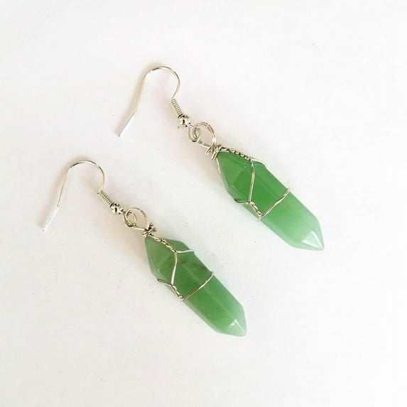 Nvzi-c suitable for both men and women, natural stone crystal silver thread wrapped hexagonal pillar pendant earrings (green)