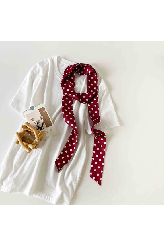 dot pattern multifunctional satin scarf -5 pieces, 71 2 inch silky slim long scarf, bag, belt, hair accessories and other daily clothing matching, White and Red