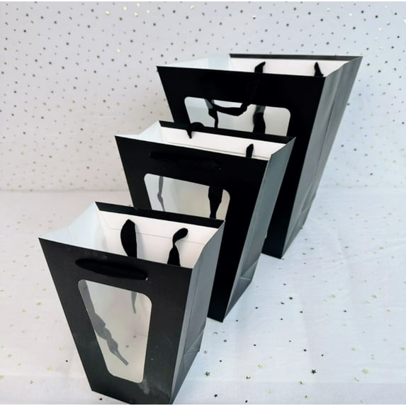 Nvzi gifts, flowers, gift box packaging bags, trapezoidal transparent window carrying bags, flower gift carrying bags (black, 24 * 11 * 26cm)