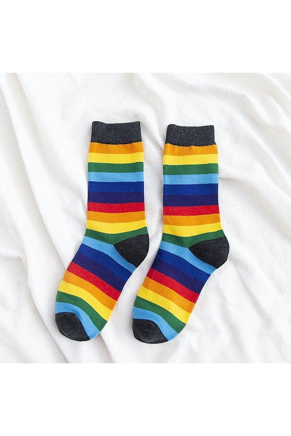 multi-color cotton rainbow socks -3 pairs, one size fits all comfortable round neck socks with bright rainbow stripes, suitable for casual, sports, and year-round wear, style 03