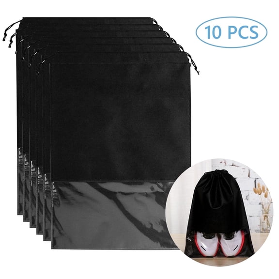 Nvzi non-woven shoe bag 12.6 17.3 inches 10 pieces, black transparent window drawstring shoe bag, foldable travel quick closing drawstring, sports equipment storage bag