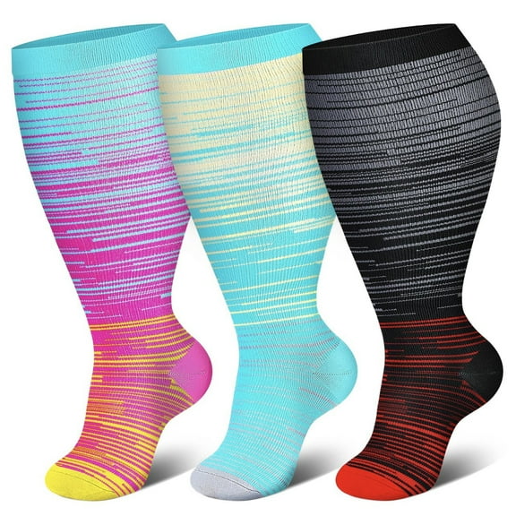 Nvzi plus size compression socks -3 pairs of 3XL neutral compression socks, wide calf compression socks with moisture absorbing fabric, knee support socks suitable for all day wear, style S