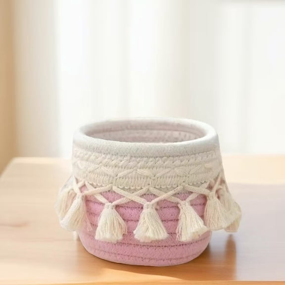 Nvzi woven basket, 4.7 x 3.9 inch Pink tassel storage basket, Bohemian style, open desktop storage basket for dressing table and home office decoration, 2 pieces