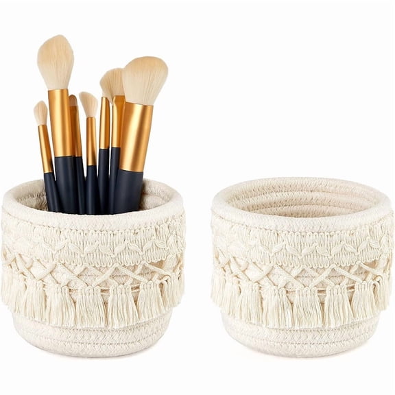 Nvzi woven basket, 4.7 x 3.9 inch White tassel storage basket, Bohemian style, open desktop storage basket for dressing table and home office decoration, 2 pieces