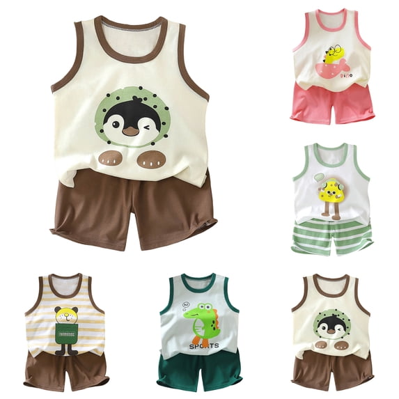 Nwiuh 2Pcs Baby Boy Summer Outfits Sleeveless Sailboat Print Tank Tops + Pocket Shorts Set Toddler Clothes(Coffee, 6-12 Months)